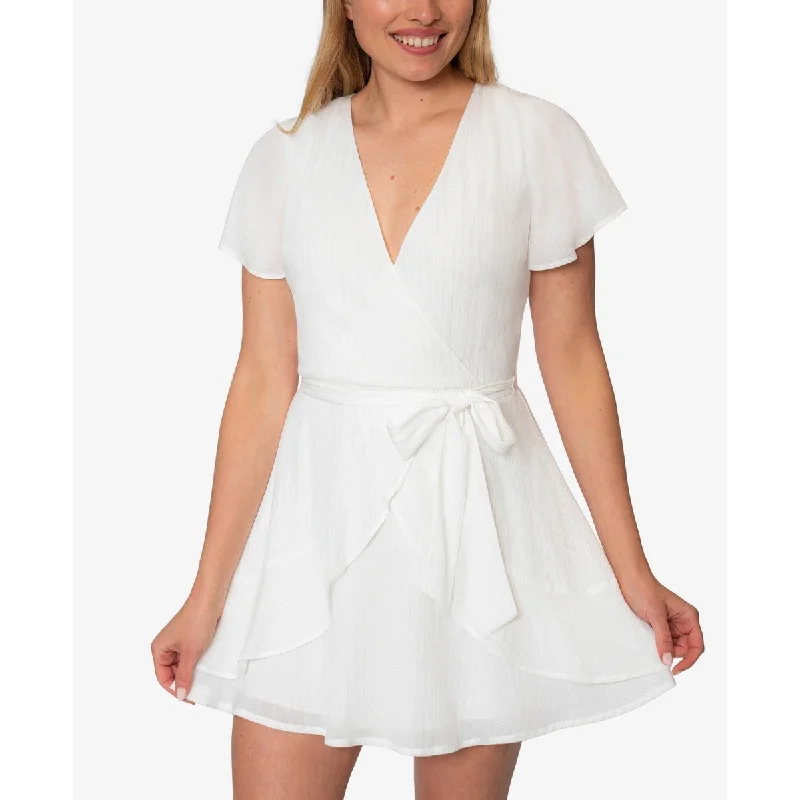 Speechless Women's Zippered Ruffled Tie Belt Layered Keyhole Flutter Sleeve Surplice Neckline Mini Fit Flare Dress White Size 3