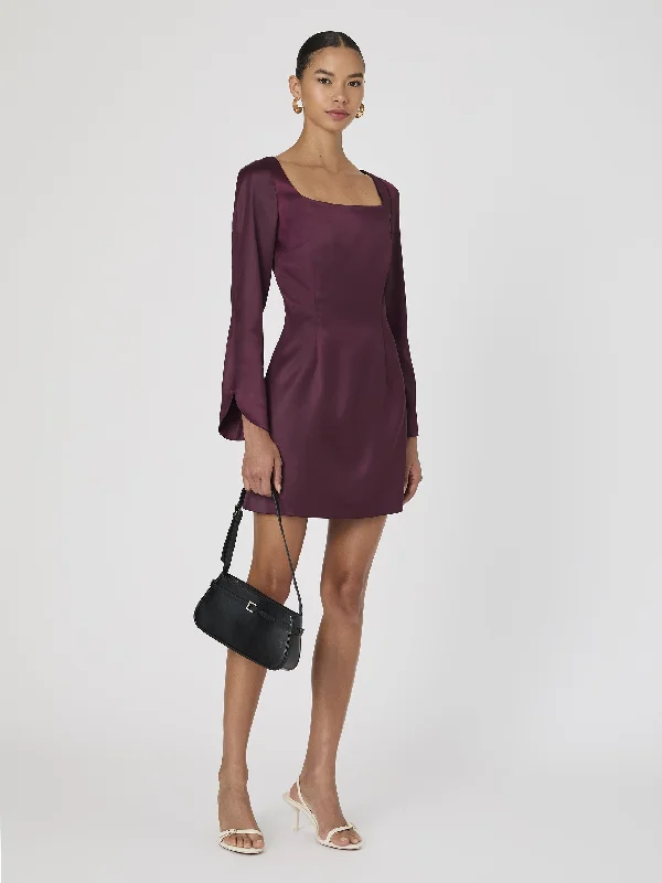 Structured Satin Long Sleeve Scoop Neck Mini Dress