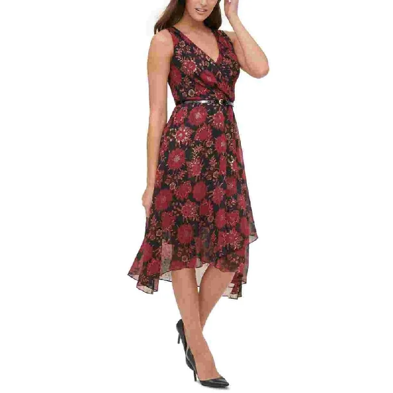 Tommy Hilfiger Women's Belted Floral Sleeveless V Neck Midi Sheath Dress Red Size 14