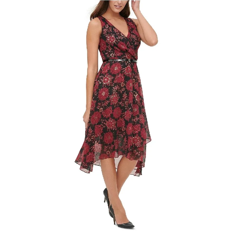 Tommy Hilfiger Women's Belted Floral Sleeveless V Neck Midi Sheath Dress Red Size 16