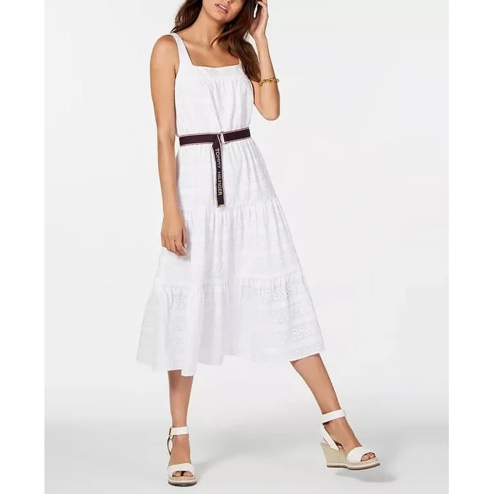 Tommy Hilfiger Women's Cotton Eyelet Midi Dress White Size 6