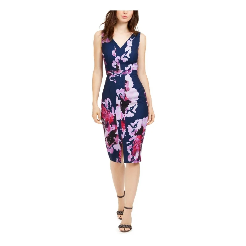 Trina Turk Women's Floral Sleeveless V Neck MIDI Sheath Dress Purple Size 2