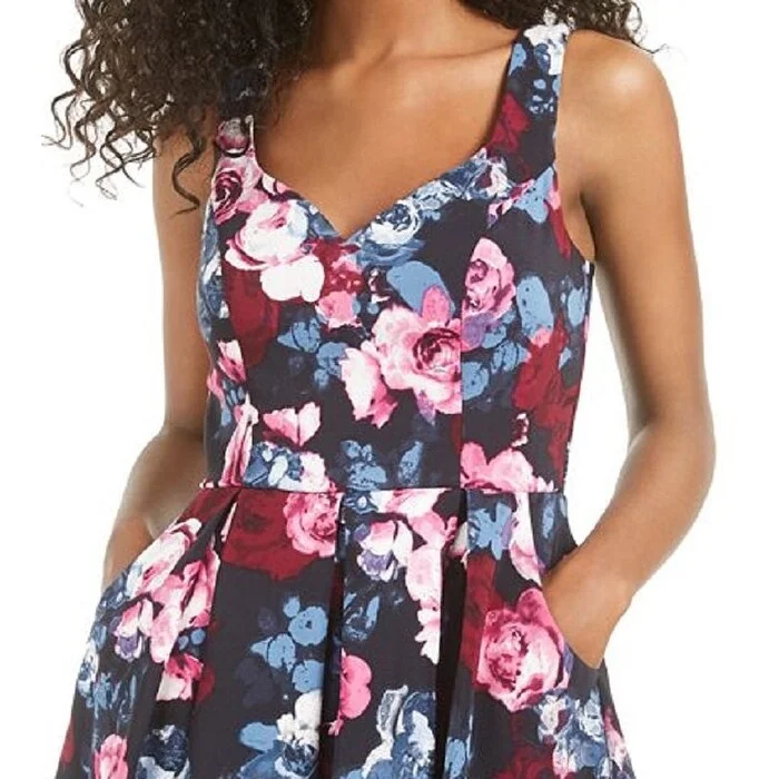 Trixxi Women's Floral Sleeveless V Neck Mini Evening Fit Flare Dress Navy Size 7