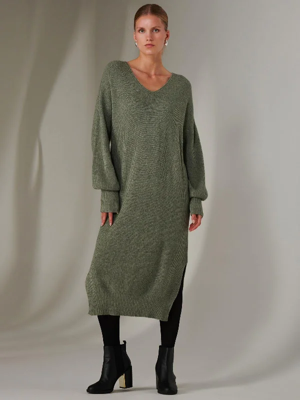 Made In Italy V Neck Knitted Jumper Maxi Dress, Khaki Green