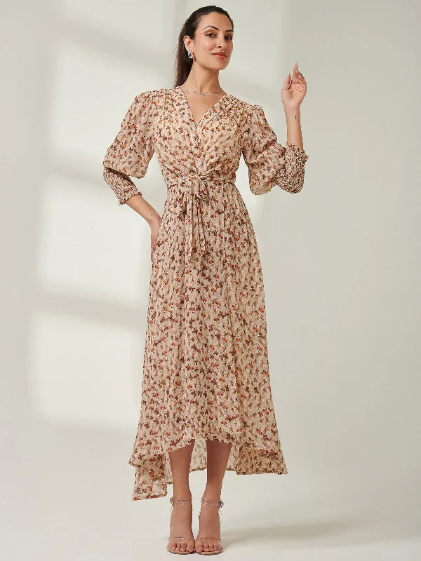 V Neck Tie Waist Puff Sleeve Maxi Dress, Brown Floral