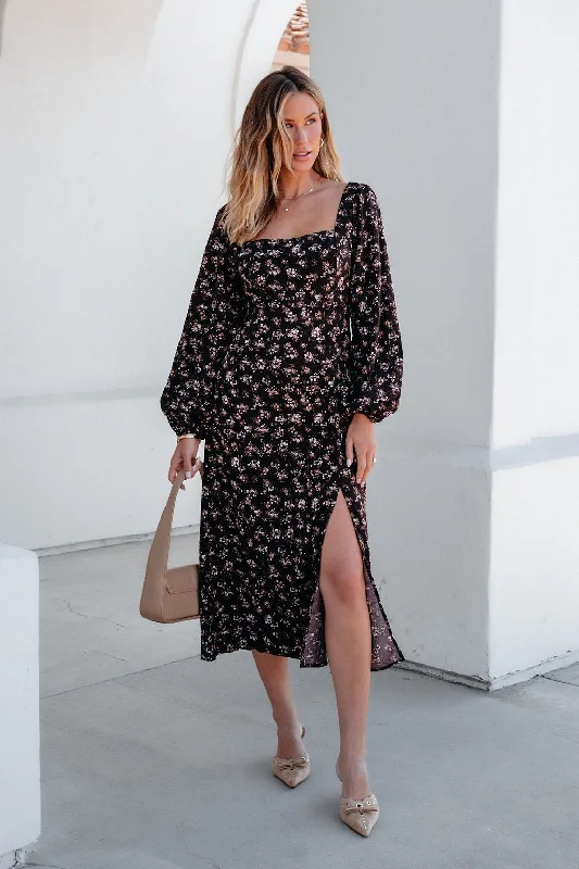 Waiting For You Floral Slit Midi Dress