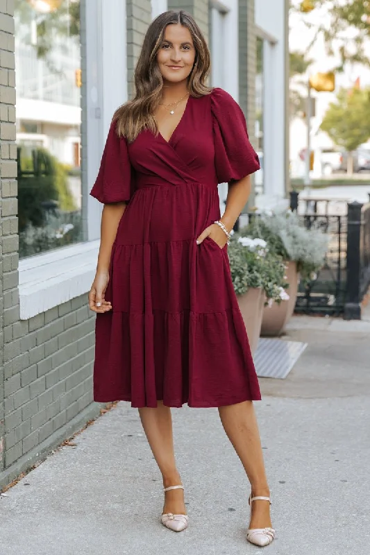 Wine Tiered Midi Wrap Dress