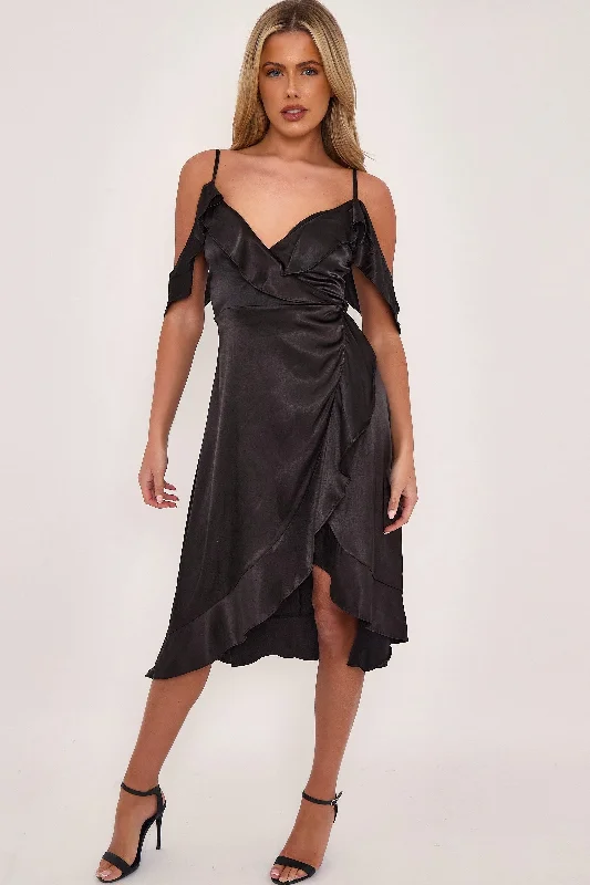 Aftershock London Black Off Shoulder Satin Midi Dress