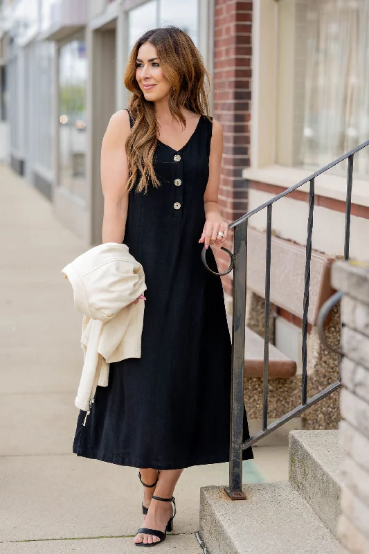 Button Accented Cutout Back Midi Dress