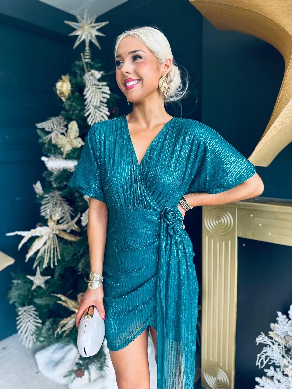 Deena Jade Green Corsage Sequin Mini Dress