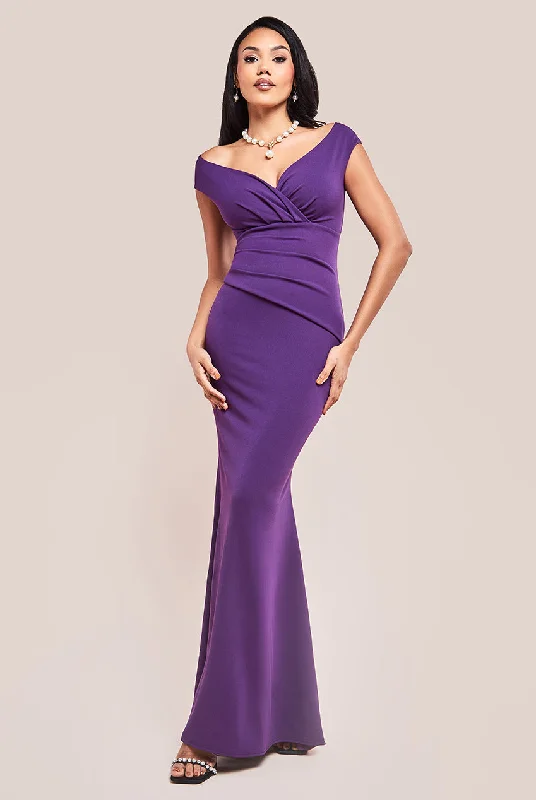 Goddiva Bardot Pleated Maxi Dress - Purple