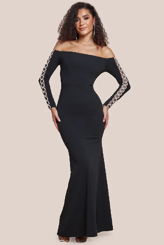 Goddiva Embellished Diamante Sleeve Bardot Maxi Dress - Black