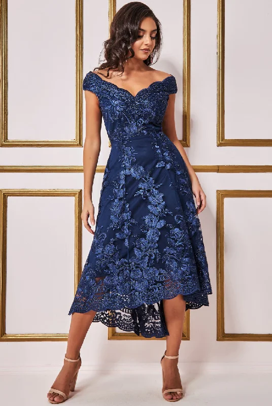 Goddiva Embroidered Lace Midi Asymmetrical Hem - Navy