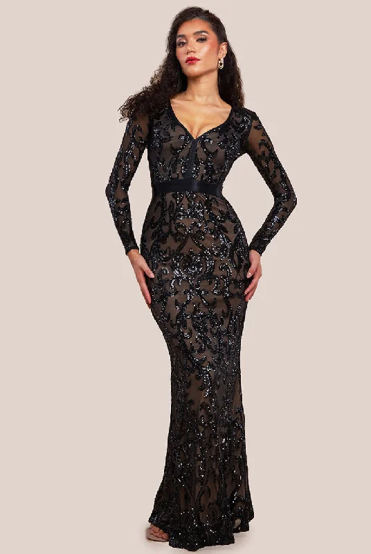 Goddiva Embroidered Sequin & Mesh Maxi Dress - Black