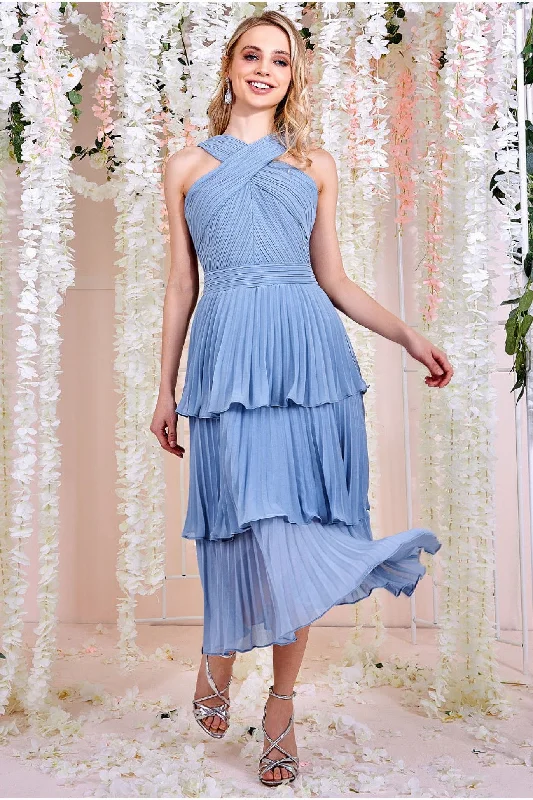 Goddiva Pleated Bodice Chiffon Tiered Midi - Blue