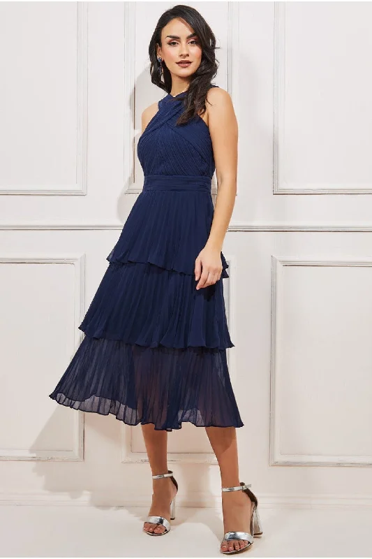 Goddiva Pleated Bodice Chiffon Tiered Midi - Navy