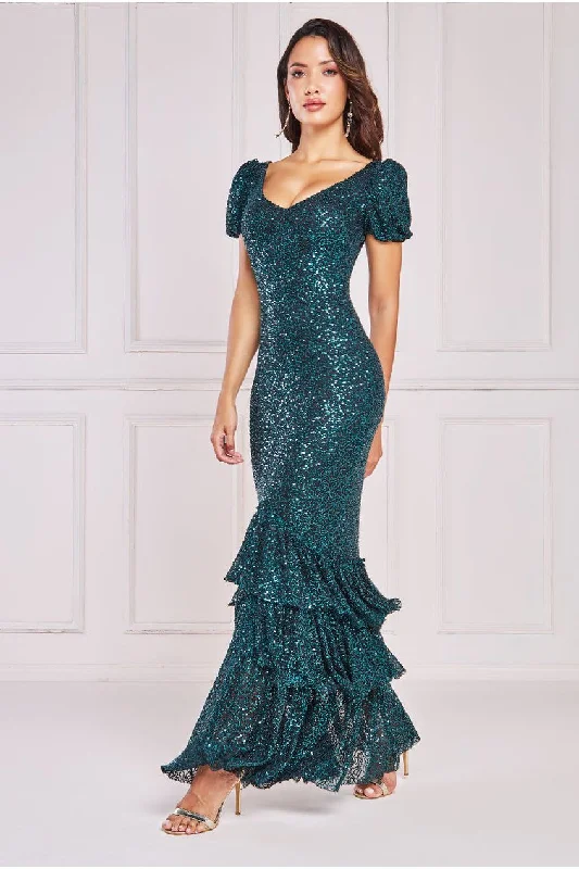 Goddiva Puff Sleeve Tiered Hem Maxi Dress - Emerald Green