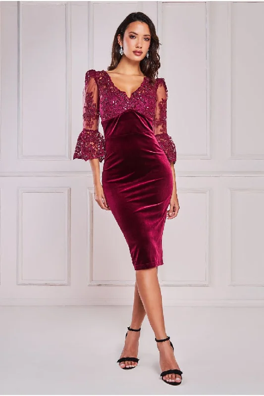 Goddiva Scalloped Lace & Velvet Midi - Burgundy