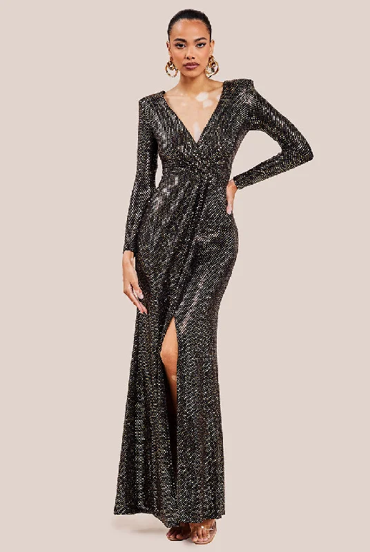 Goddiva Wrap Style Front Split Metallic Maxi Dress - Gold