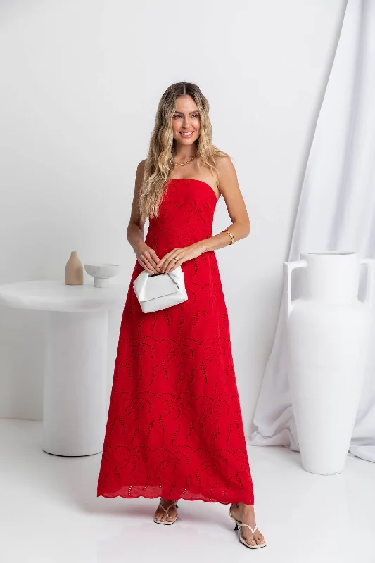 Gracie Strapless Maxi Dress - Red Broderie Anglaise