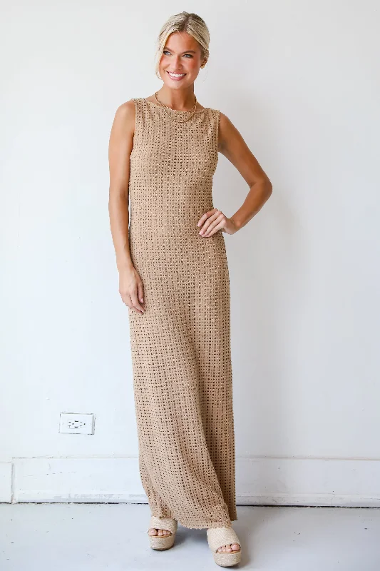 FINAL SALE - Infinite Sunshine Taupe Crochet Knit Maxi Dress