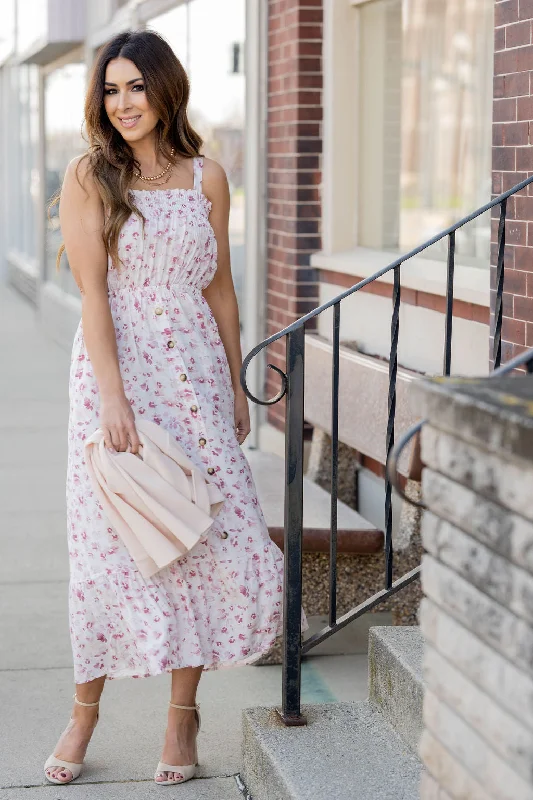 Painted Blossoms Button Accented Midi Dress