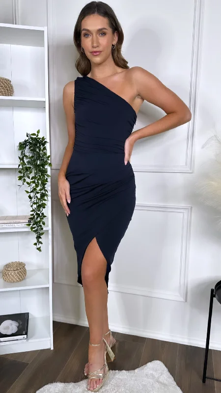 Rochelle Navy One Shoulder Draped Wrap Skirt Midi Dress