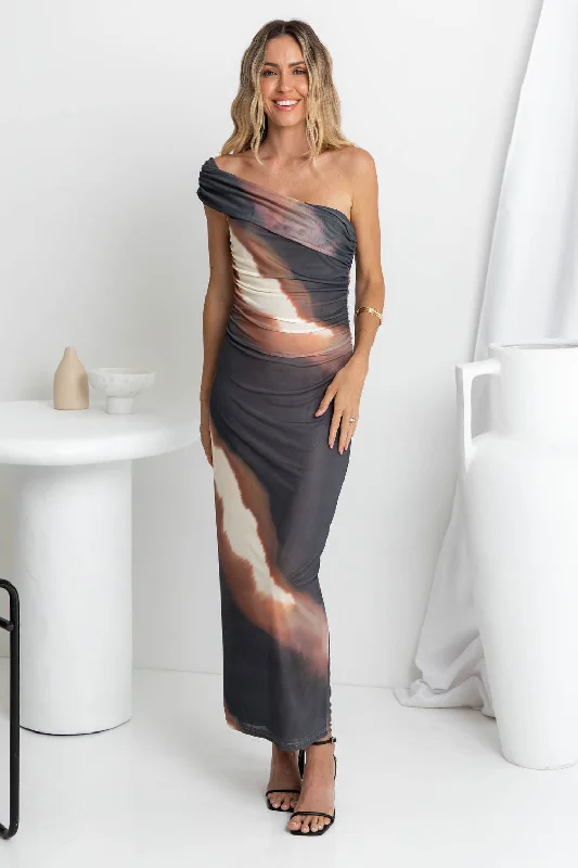 Zendaya Mesh Assymetrical Maxi Dress - Choc Watercolour