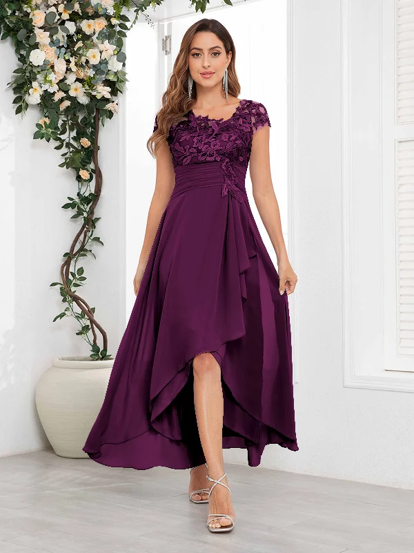 Alma Stylish Short Sleeves Pleated Appliques High Low Chiffon Mother Of The Bride Dresses