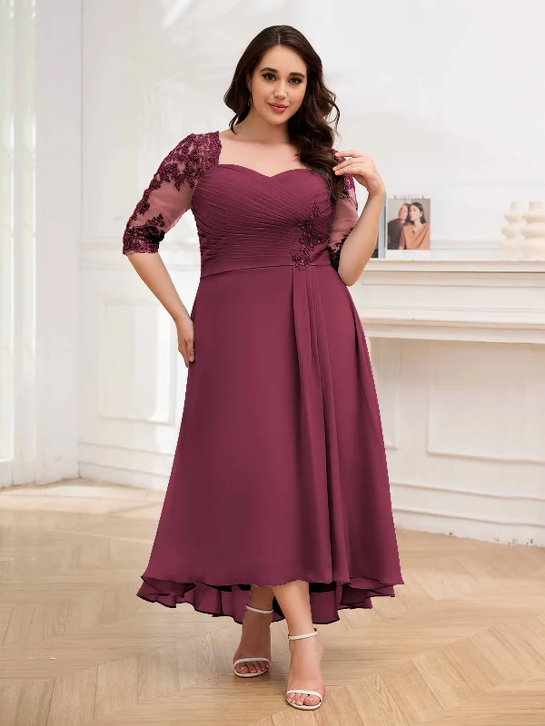 Amalia Trendy Half Sleeves Pleated Appliques Chiffon Plus Size Mother of the Bride Dresses