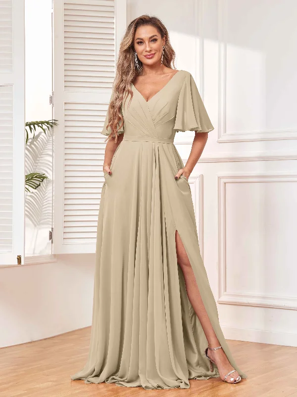 Aubrey Flowing V-Neck Slit Floor Length Bridesmaid Dresses