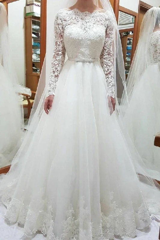 Bateau Wedding Dresses Bridal Gown with Sleeves