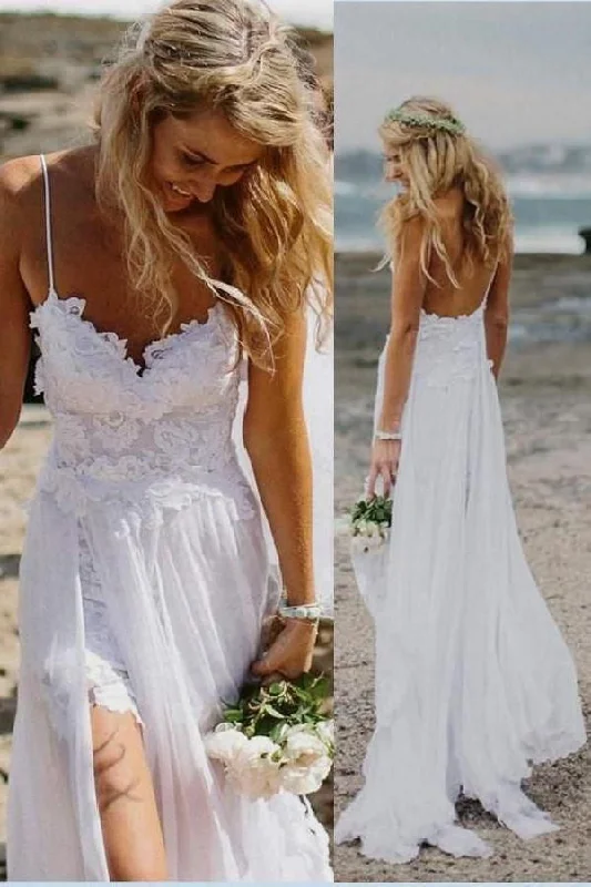 Beach Spaghetti Straps Split Side Wedding Dresses Bridal Gowns with Appliques