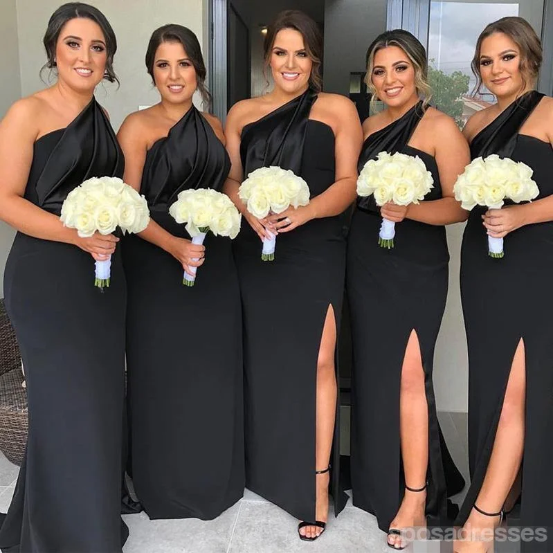 Black Sheath One Shoulder Side Slit Long Bridesmaid Dresses Online, WG927