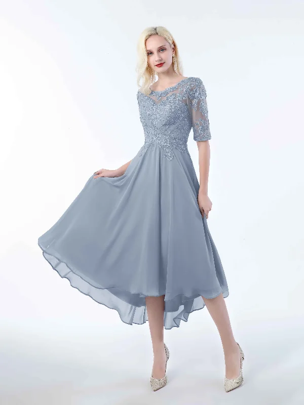 Brianna Elegant Half Sleeves Tea Length Lace Chiffon Bridesmaid Dresses