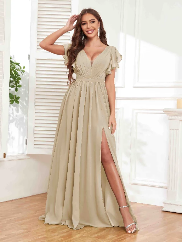 Camille Flowing Ruffles Sleeves With Pockets Long Chiffon Bridesmaid Dresses