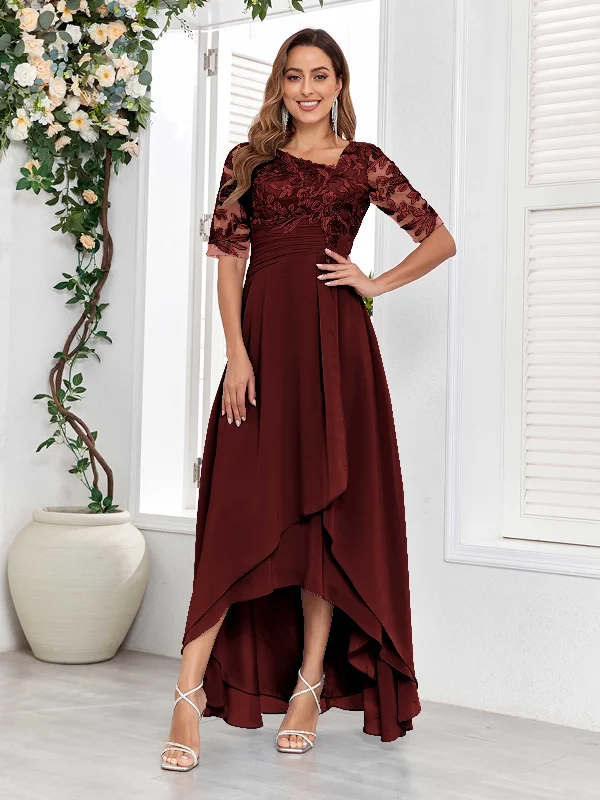 Carter Trendy V Neck Short Sleeves Appliques High Low Chiffon Mother Of The Bride Dresses