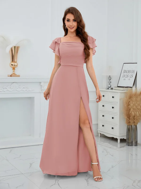 Charleigh Modest A-Line Square Tiered Sleeves Slit Chiffon Bridesmaid Dresses