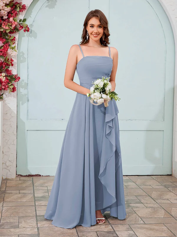 Daniella Elegant A-Line Strapless Ruffles Slit Long Chiffon Bridesmaid Dresses