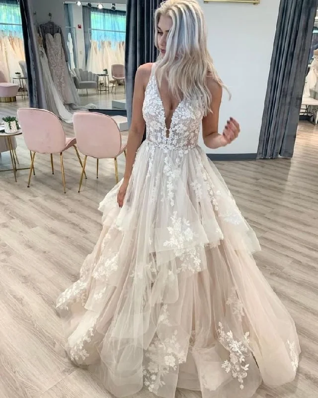 Deep V Neck Tulle Wedding Dresses Bridal Gown with Appliques