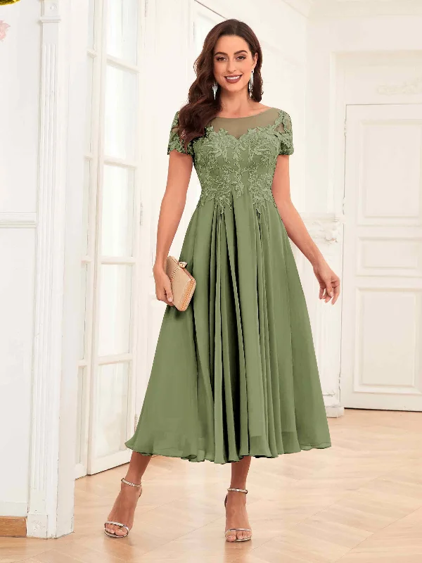 Delaney Flowing Illusion Tea Length Lace Chiffon Mother Of The Bride Dresses