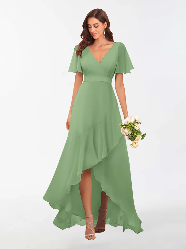 Diana Romantic A-Line V Neck High Low Chiffon Bridesmaid Dresses