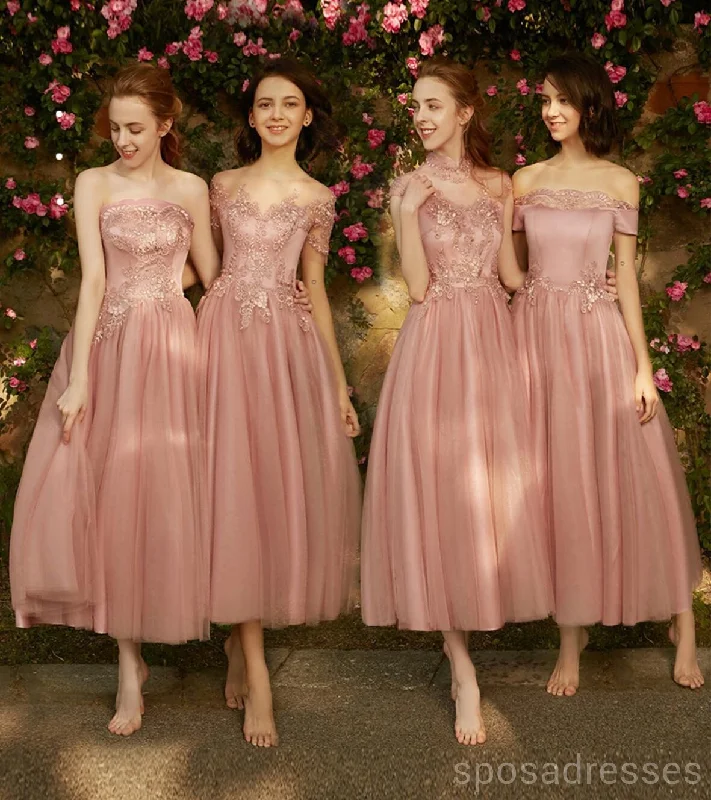 Blush Pink Lace Tulle Short Mismatched Cheap Bridesmaid Dresses Online, WG535