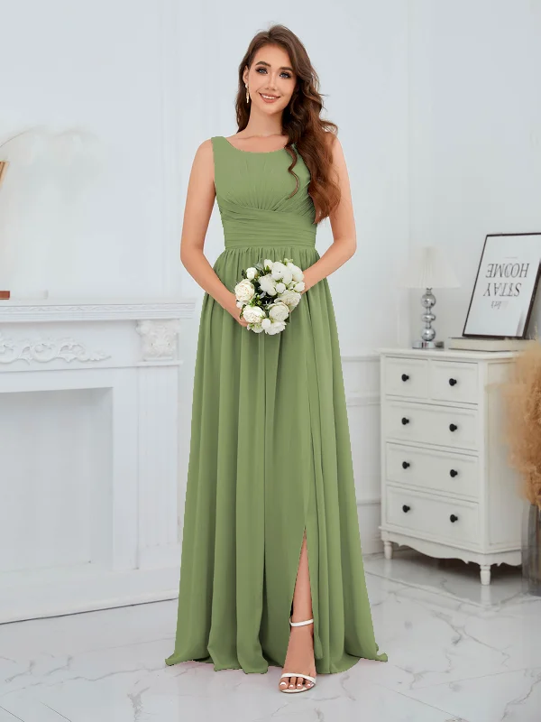 Elaine Chic Scoop Sleeveless Ruched Floor Length Chiffon Bridesmaid Dresses