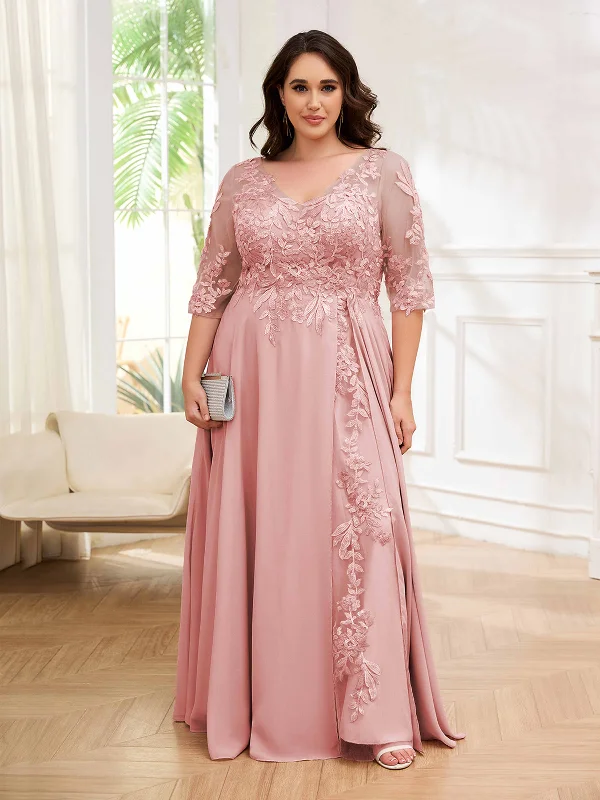 Elora Trendy A-line V-Neck Lace Chiffon Plus Size Mother of the Bride Dresses