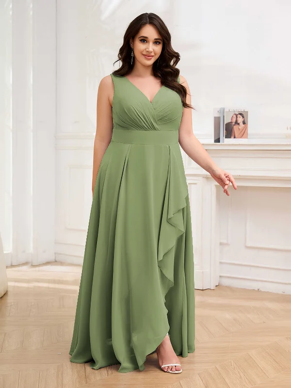 Emberly Romantic A-Line V Neck Ruffles Chiffon Plus Size Bridesmaid Dresses