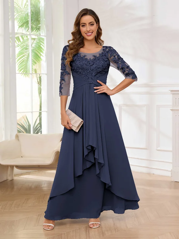 Emely Graceful Illusion Lace Appliques Ruched Chiffon Mother of the Bride & Groom Dresses