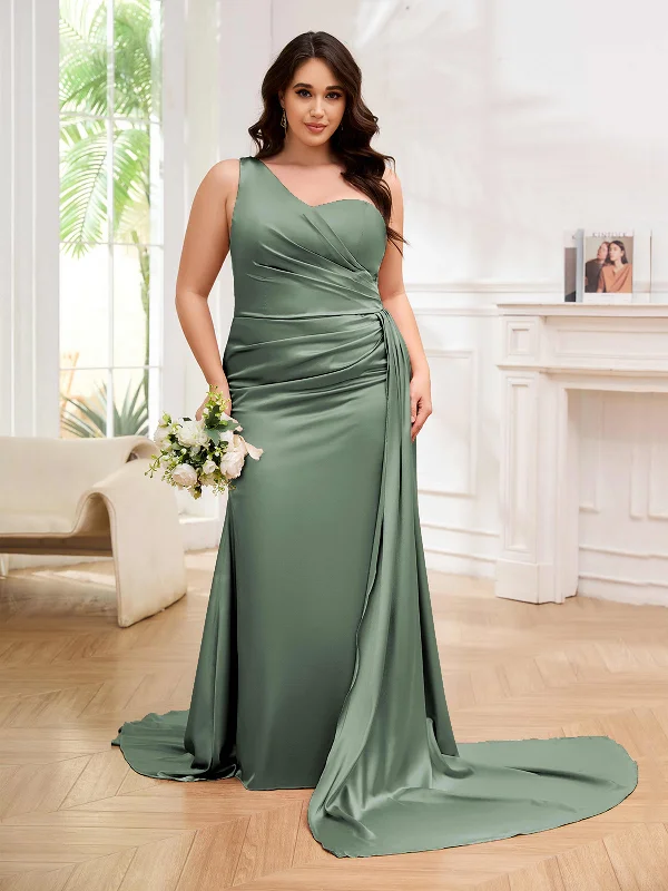 Emmy Gorgeous One Shoulder Trumpet Brush Train Plus Size Formal Dresses