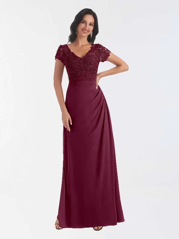 Gemma Column V Neck Chiffon Lace Mother Of The Bride Dresses