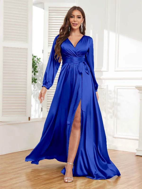 Gia Chic A-Line Pleated Long Sleeves Satin Formal Dresses